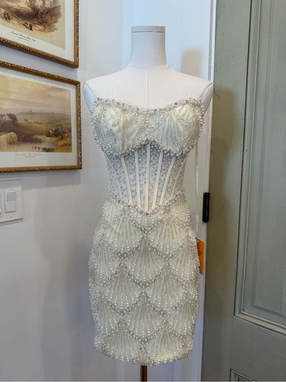 NWT Strapless Ivory Pearl-Embellished Mini Dress - Picture 3 of 10